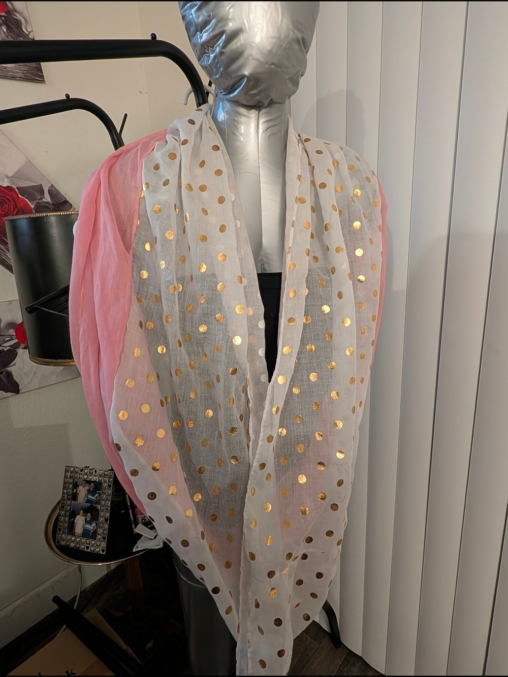 Scarf Sale ❤️7 For$35: Pink/ White Lightweight Infinity Scarf w/ Gold Polka Dots - Picture 3 of 8